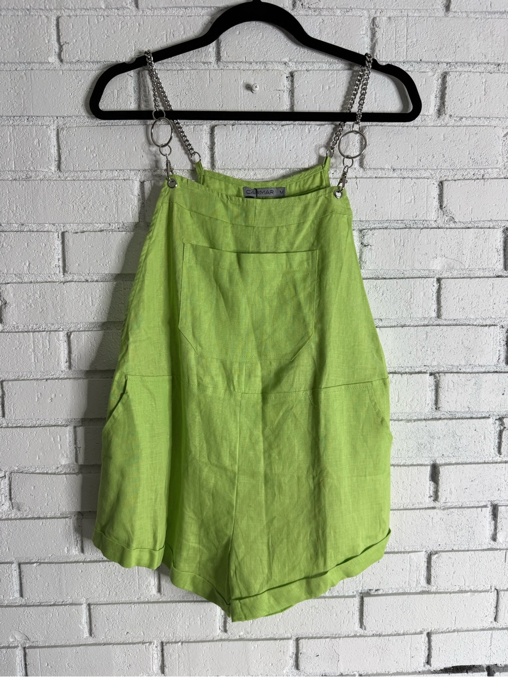 New CARMAR Lime Green 100% Linen Chain Strap Romper Shorts Women’s Medium NWT